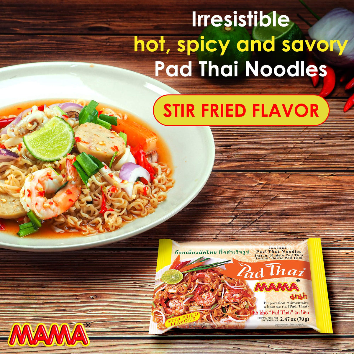 MAMA Pad Thai broth steaming image shows bold flavor in minutes.