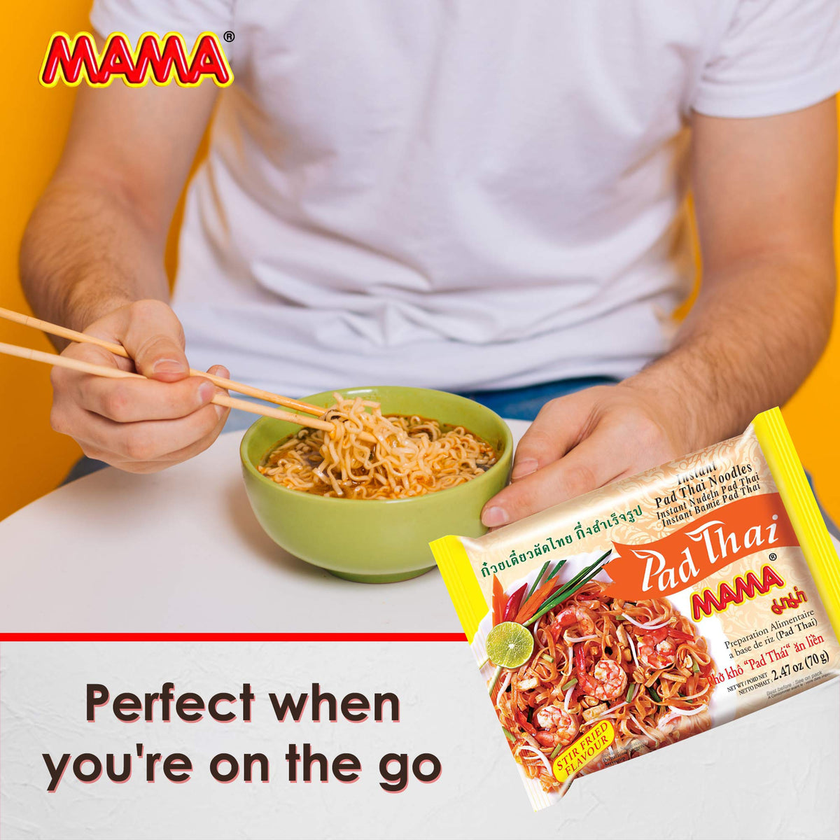 MAMA Pad Thai cooking action depicts quick preparation in minutes.