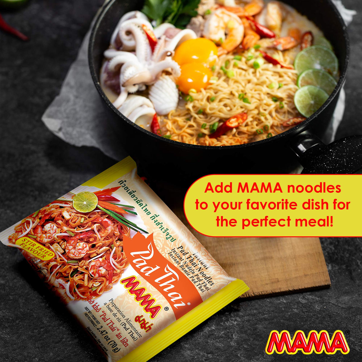 MAMA Pad Thai pack with 30 bags highlights convenient, budget-friendly meals.