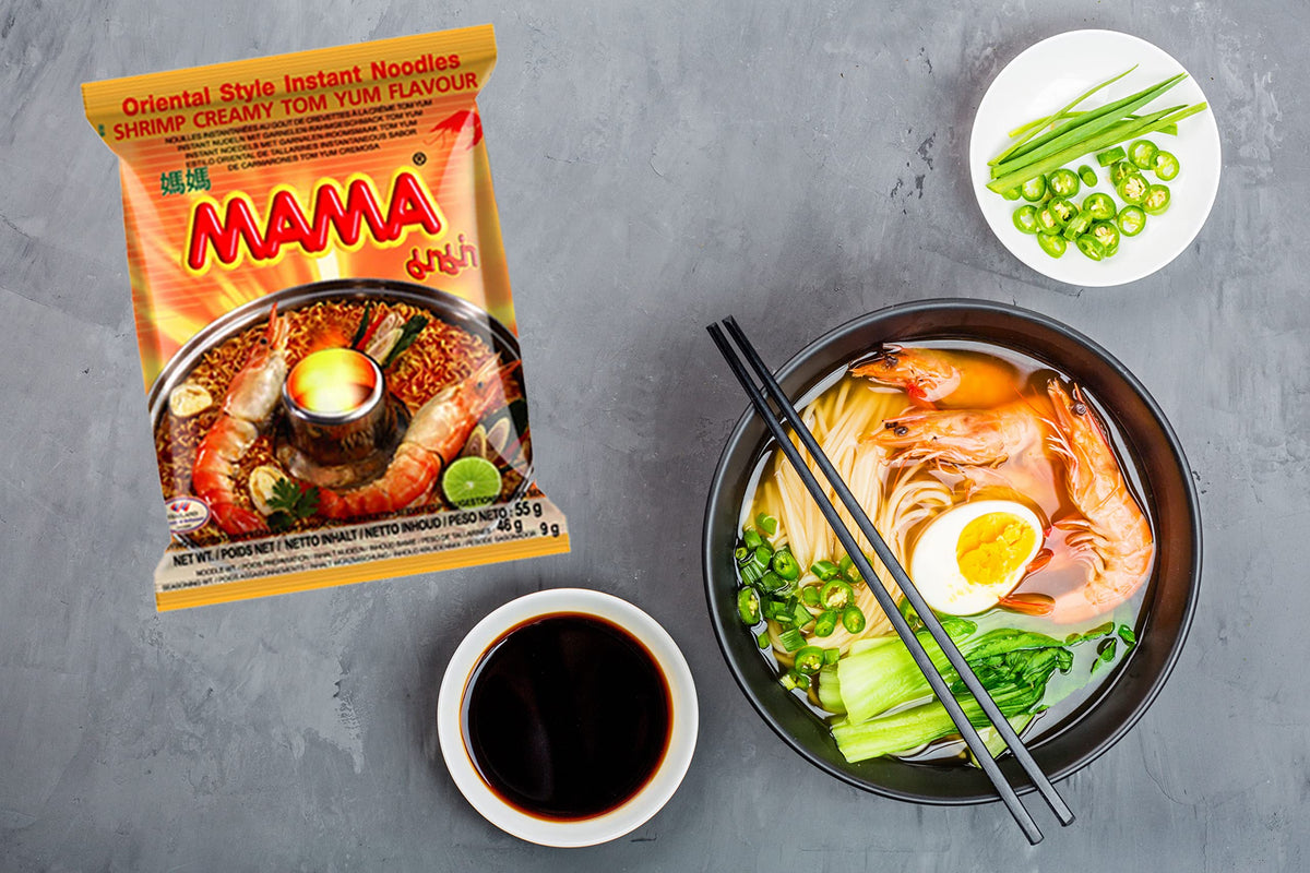MAMA creamy shrimp tom yum pack with vibrant spices for flavor boost