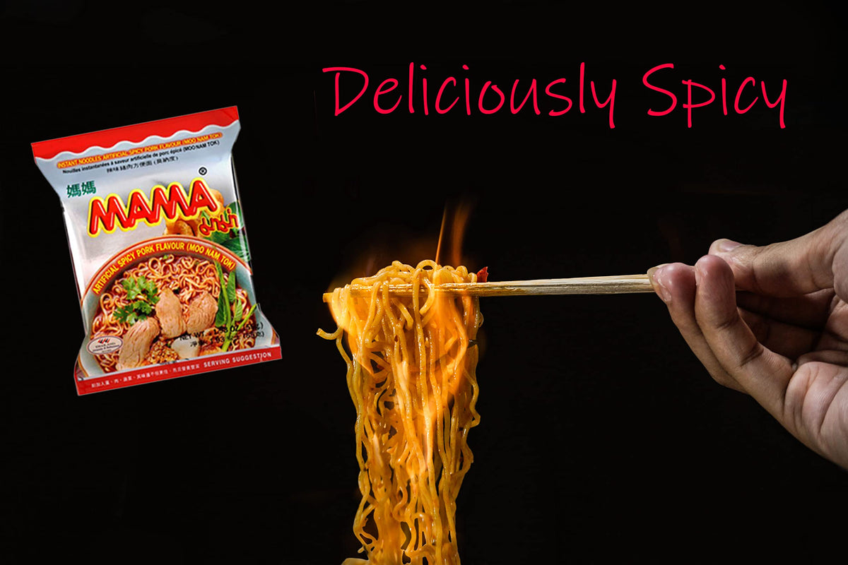 MAMA ramen noodles being prepared in a pot, appetizing aroma rising