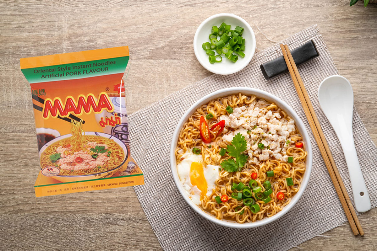 MAMA pork flavor pack with steaming noodles for a hearty meal