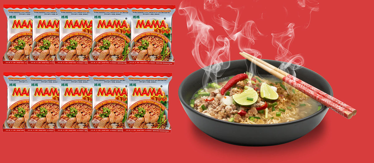 MAMA ramen packaging close-up highlighting bold pork flavor for quick dinners