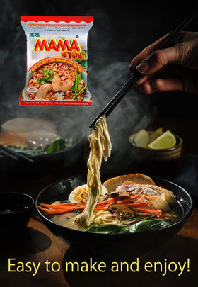 MAMA ramen spicy pork bowl with steaming noodles, perfect quick lunch