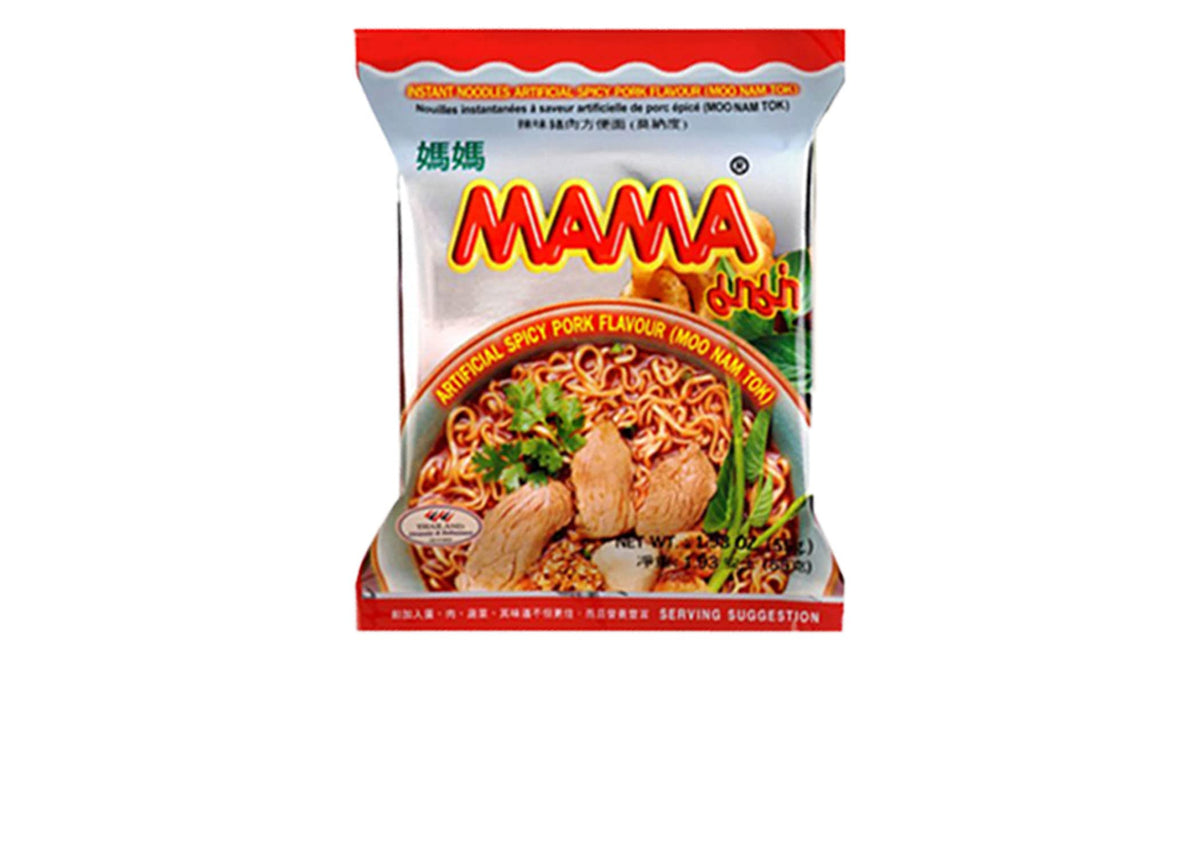 MAMA ramen spicy pork noodles pack showing convenient instant meal ready in minutes