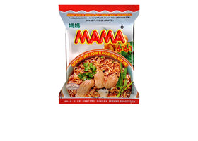 MAMA ramen spicy pork noodles pack showing convenient instant meal ready in minutes
