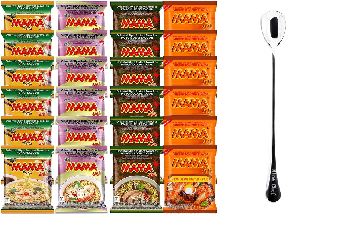 Generic Mama Ramen Thai Noodle four flavors packaging for easy pantry meals