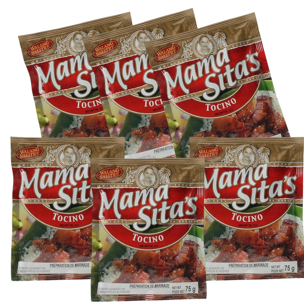 Mama Sita's Tocino Marinating Mix bottle closeup for flavorful weeknight marinating.