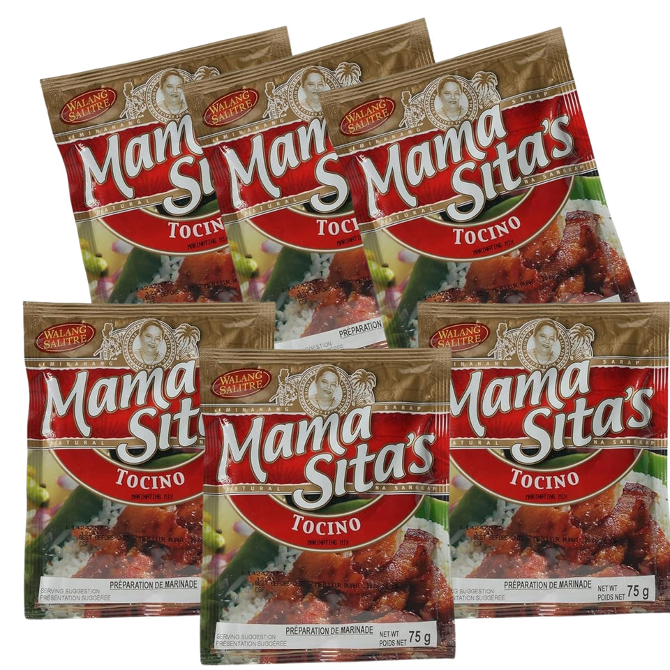 Mama Sita's Tocino Marinating Mix bottle closeup for flavorful weeknight marinating.