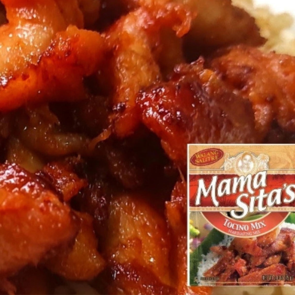 Pork slices cooking in pan after marinating with Mama Sita's mix.
