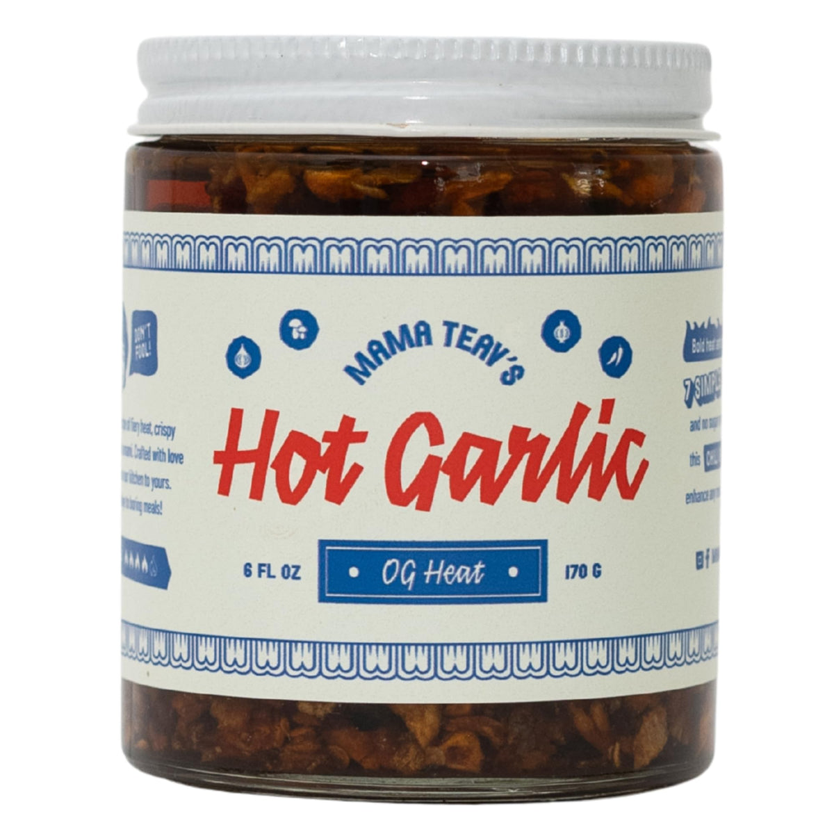 Mama Teav's Hot Garlic Chili Crisp bottle adds bold heat and smoky flavor to meals.