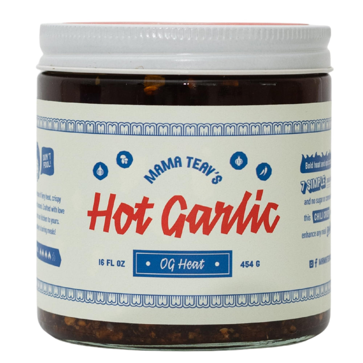 Mama Teav's Hot Garlic Chili Crisp jar highlights smoky heat and crispy garlic.