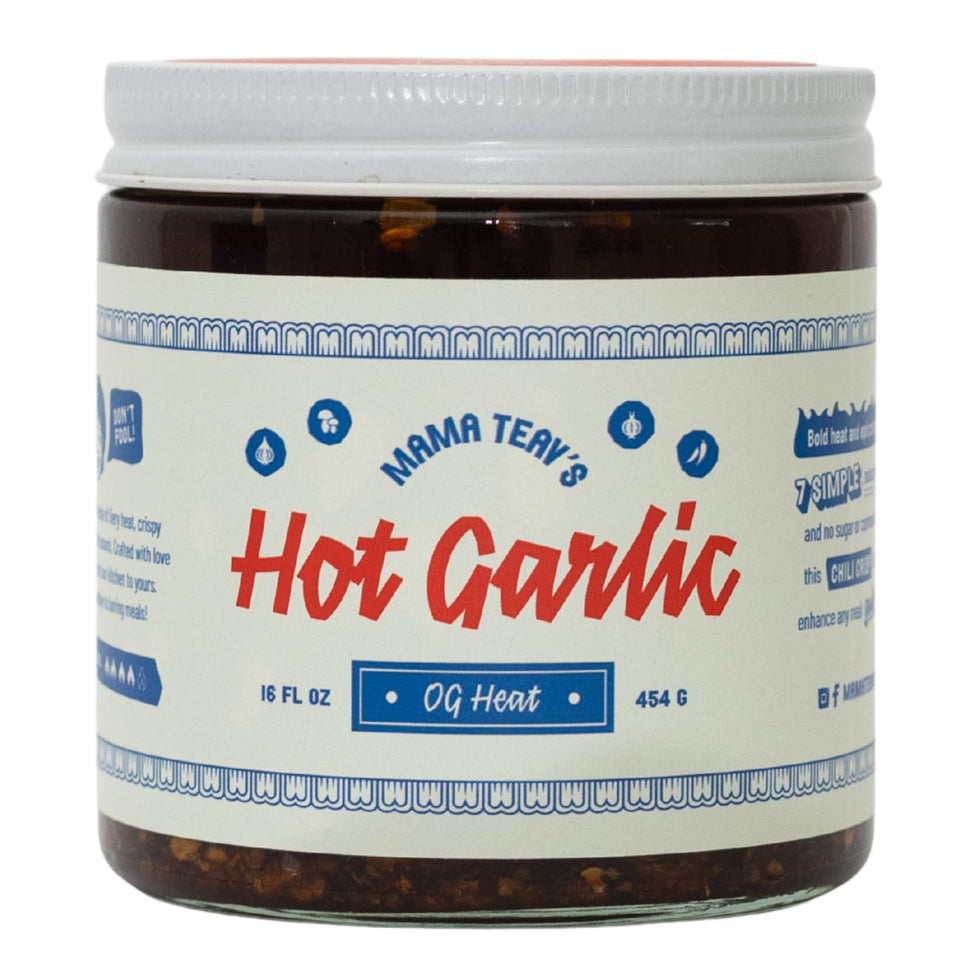 Mama Teav's Hot Garlic Chili Crisp jar highlights smoky heat and crispy garlic.