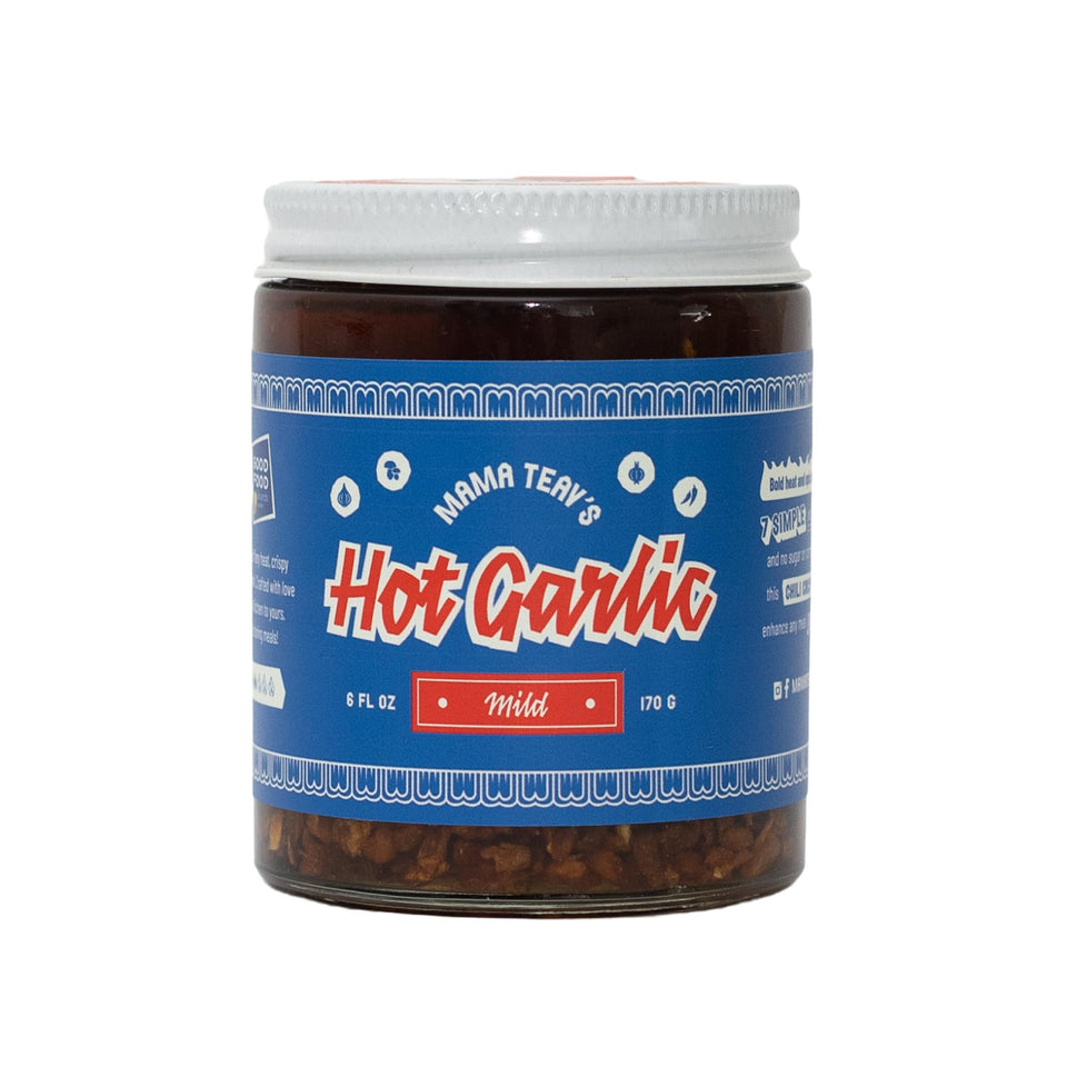 Mama Teav's Mild Garlic Chili Crisp jar shows mild heat and crunchy garlic.
