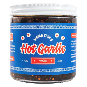 Mama Teav's Mild Garlic Chili Crisp jar shows mild heat and crunchy garlic for versatile meals.