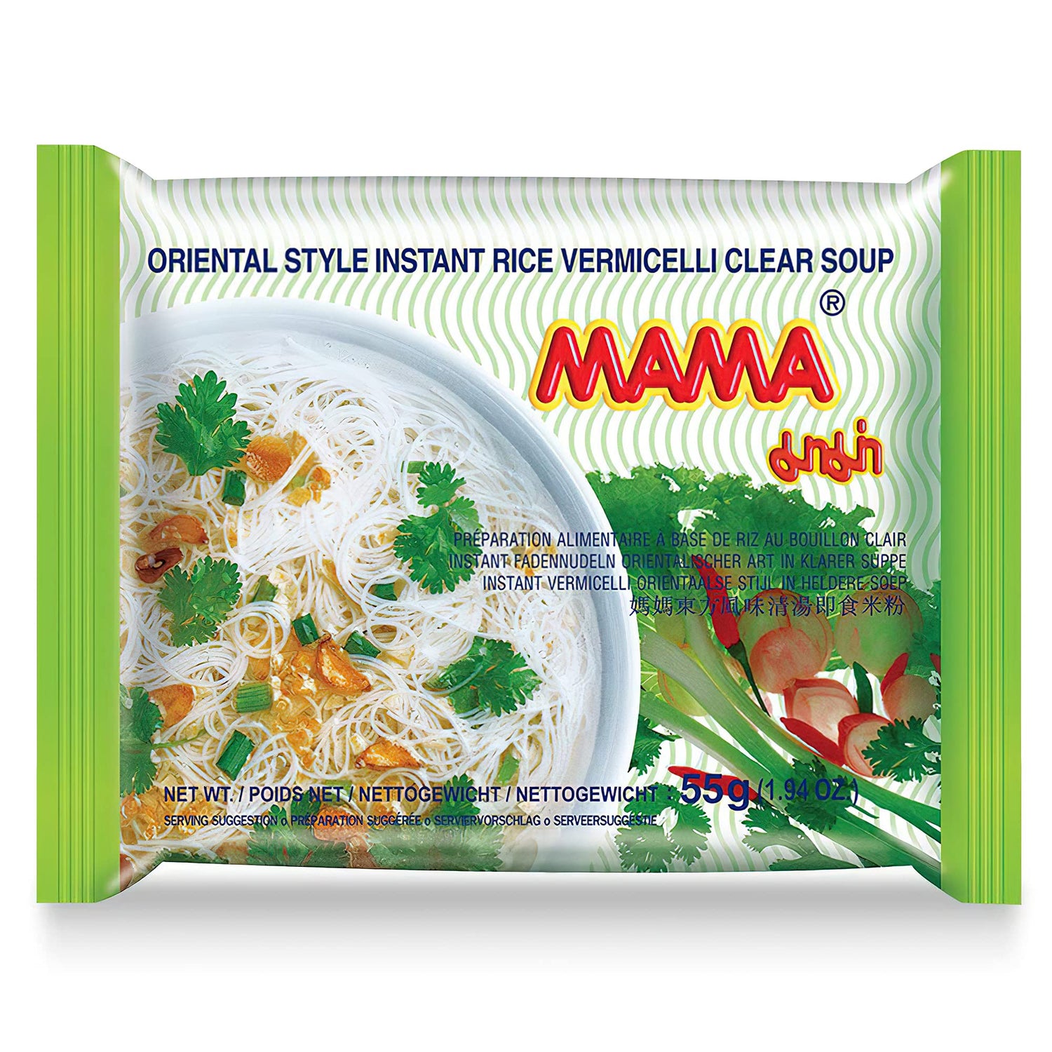 MAMA Vermicelli Clear Soup cup with steaming noodles for a quick Thai-inspired meal.