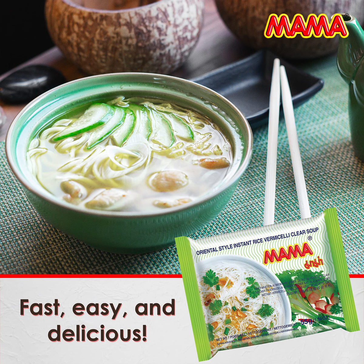 MAMA Vermicelli Clear Soup ingredients close-up for authentic Thai flavor.