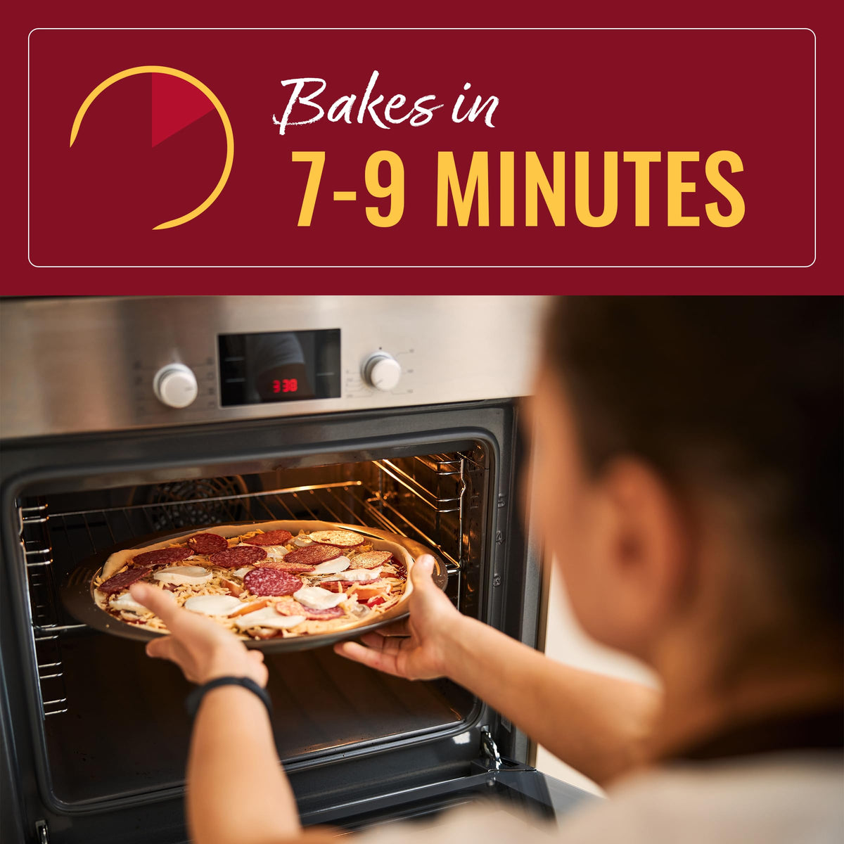 Oven baking Mama Mary's crust to a golden, crisp finish.