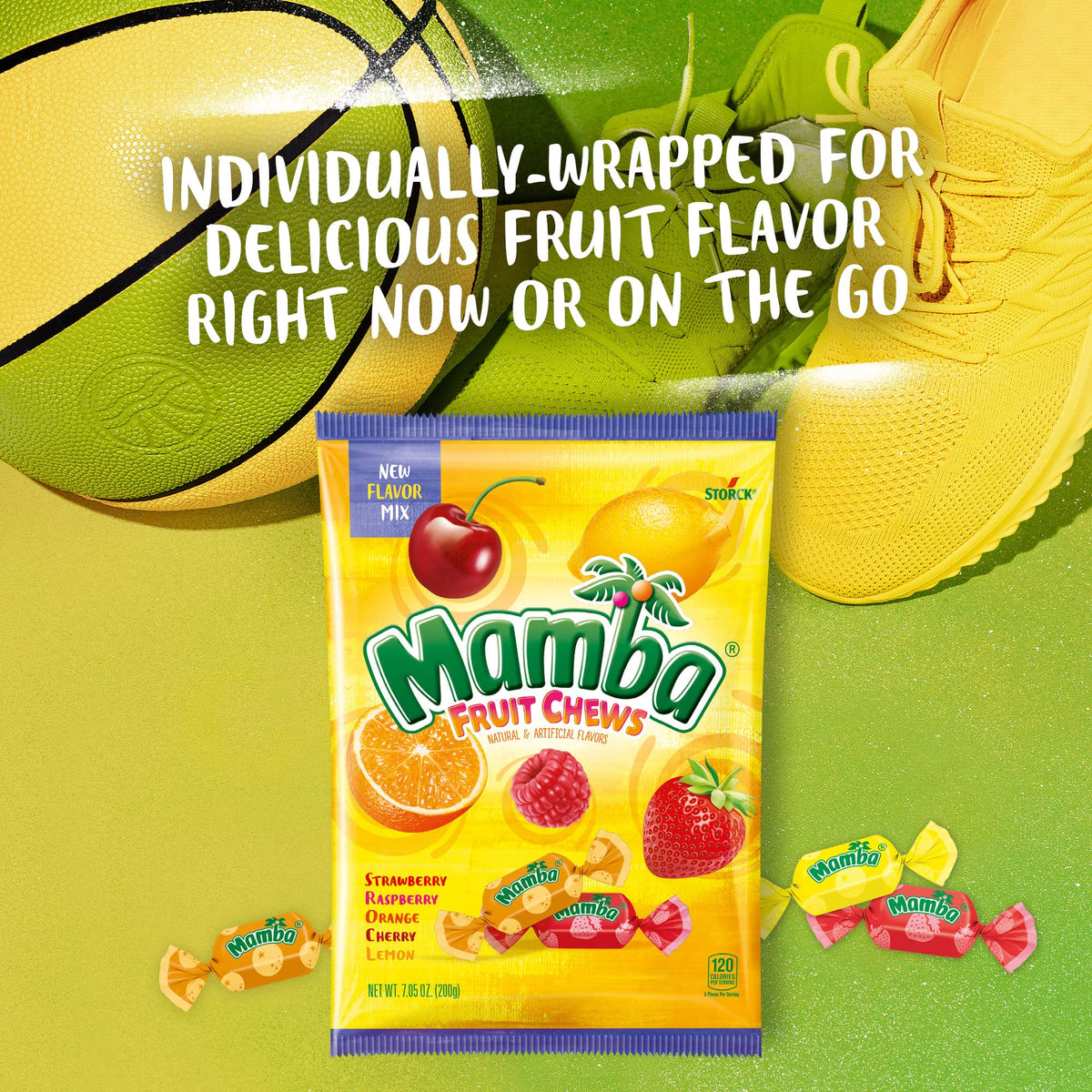 Mamba orange chews close-up, bright flavor to brighten snack breaks.