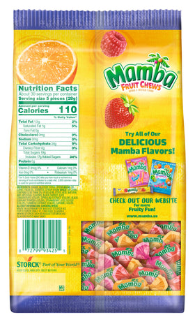 Mamba strawberry chews close-up, bold fruity flavor for snacking on the go.
