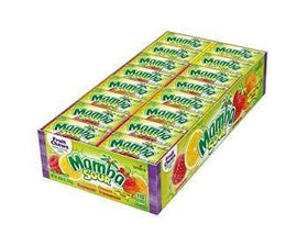 Mamba Sour Fruit Chews bag displaying four flavors for a bold, fruity snack.