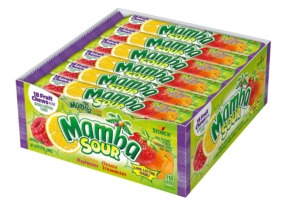 Mamba Sour Fruit Chews variety pack showing four flavors and individually wrapped pieces