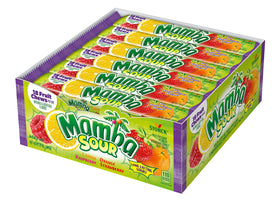 Mamba Sour Fruit Chews variety pack showing four flavors and individually wrapped pieces