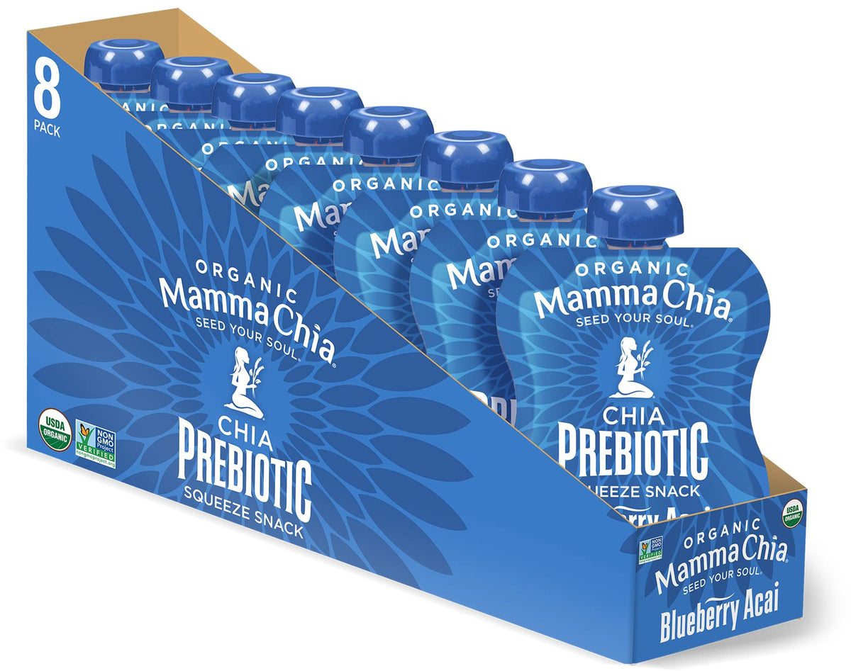 Mamma Chia Blueberry Acai Prebiotic Squeeze packaging, convenient on-the-go snack with fiber-rich nutrition.