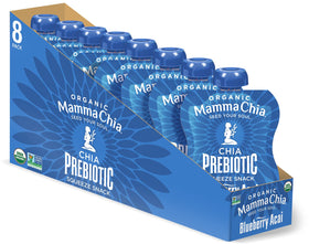 Mamma Chia Blueberry Acai Prebiotic Squeeze packaging, convenient on-the-go snack with fiber-rich nutrition.