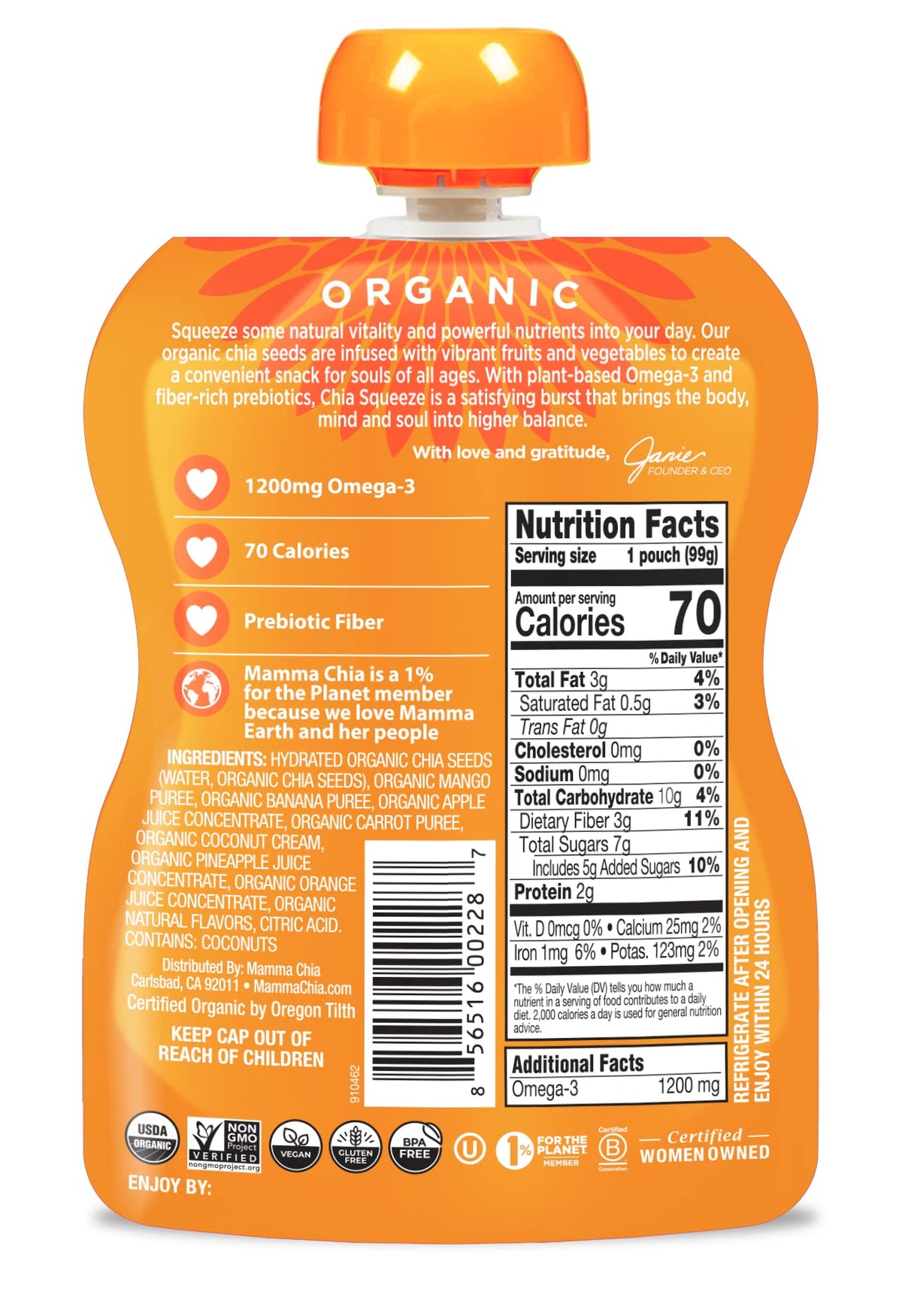 Mamma Chia product label highlighting USDA Organic and Non-GMO verification.