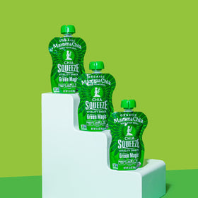Mamma Chia Green Magic squeeze beside a gym bag and water bottle.