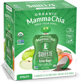 Mamma Chia Green Magic squeeze bottle, on-the-go omega-3 chia snack.