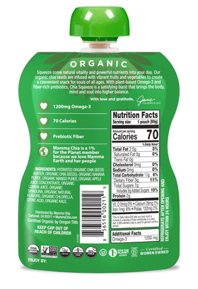 Mamma Chia Green Magic squeeze ingredients close-up: kale, spirulina, chlorella.