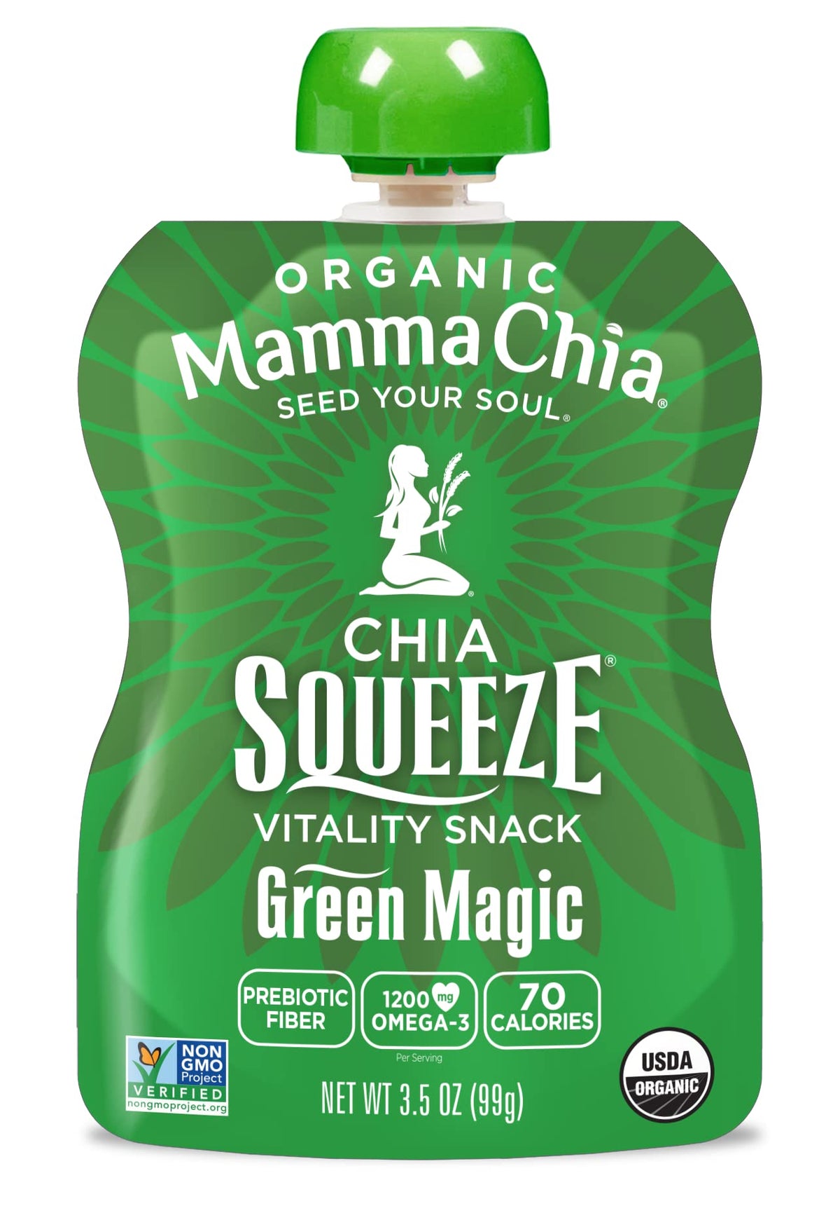 Mamma Chia Green Magic squeeze pouch, ready for lunchbox.