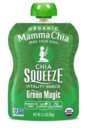 Mamma Chia Green Magic squeeze pouch, ready for lunchbox.