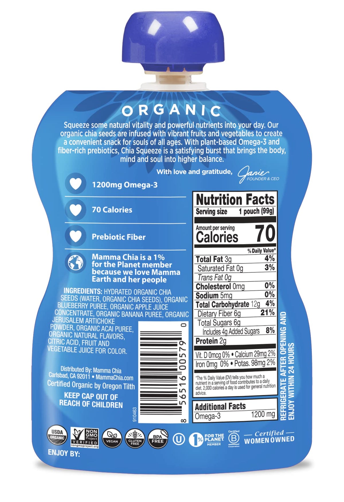 Mamma Chia organic certification label highlights USDA organic quality and clean ingredients.