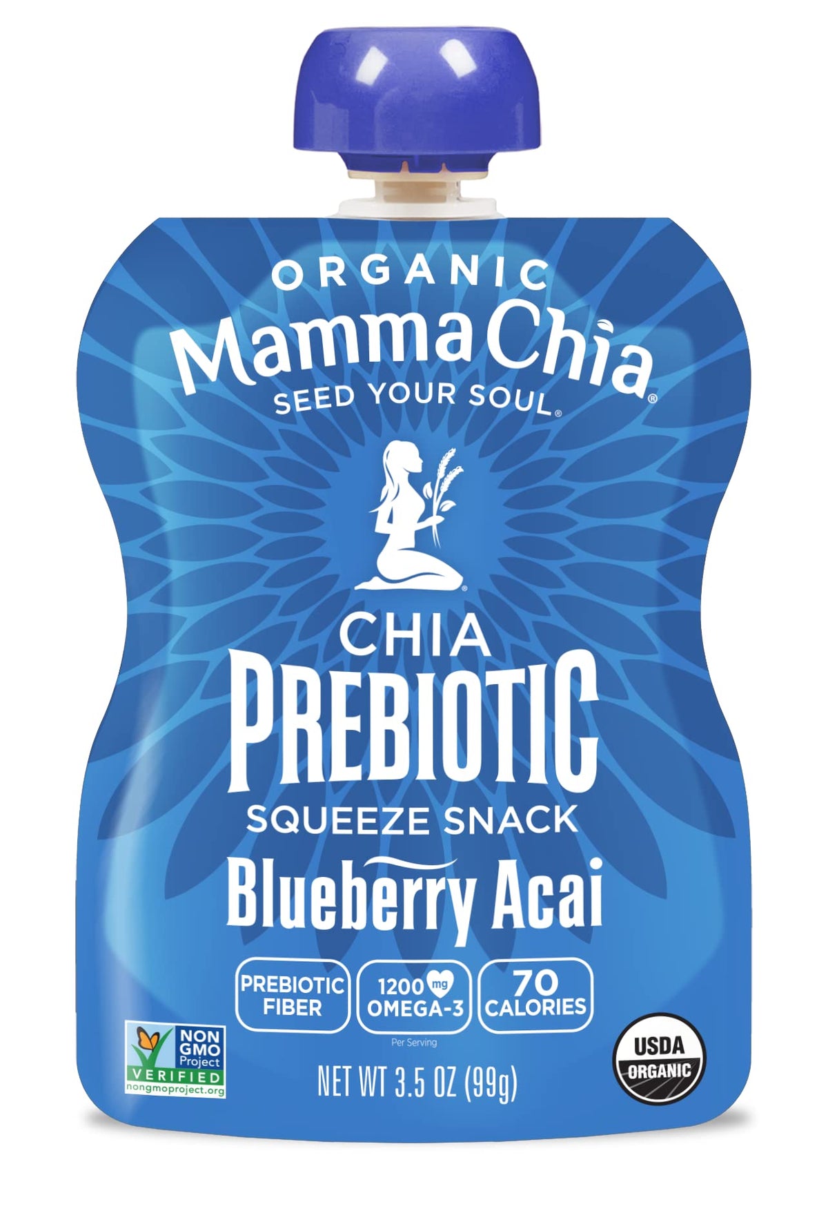 Mamma Chia pouch showing omega-3 content, a tasty plant-based fat source.