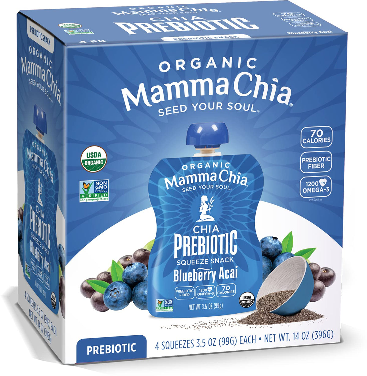 Mamma Chia prebiotic squeeze blueberry acai pack front for on-the-go gut-friendly snacking.