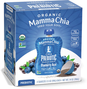 Mamma Chia prebiotic squeeze blueberry acai pack front for on-the-go gut-friendly snacking.