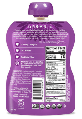 Mamma Chia Squeeze Blackberry Bliss bottle, bold berry goodness in convenient pouch.