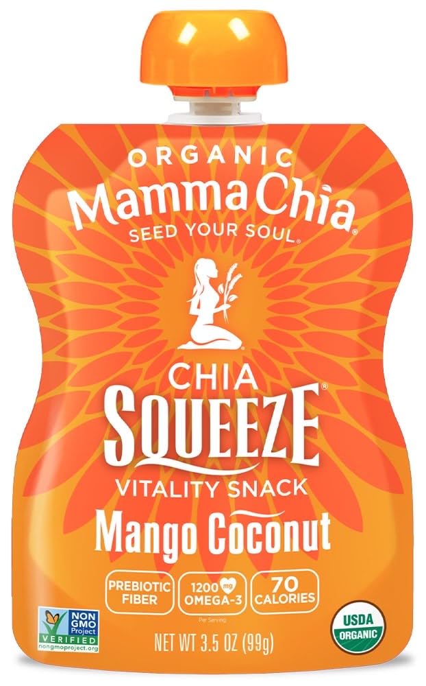 Mamma Chia Squeeze Mango Coconut bottle, tropical twist with chia energy.