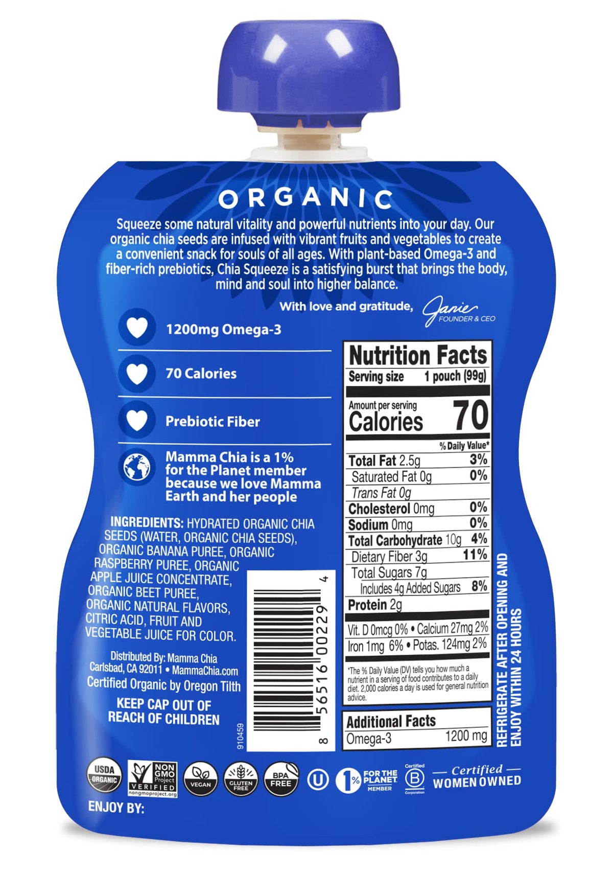 Label with ingredients of Mamma Chia Squeeze Wild Raspberry