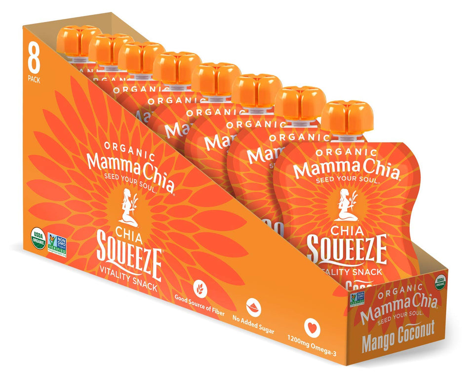 Mamma Chia Vitality Squeeze Mango Coconut pouch close-up, creamy texture for a quick snack.