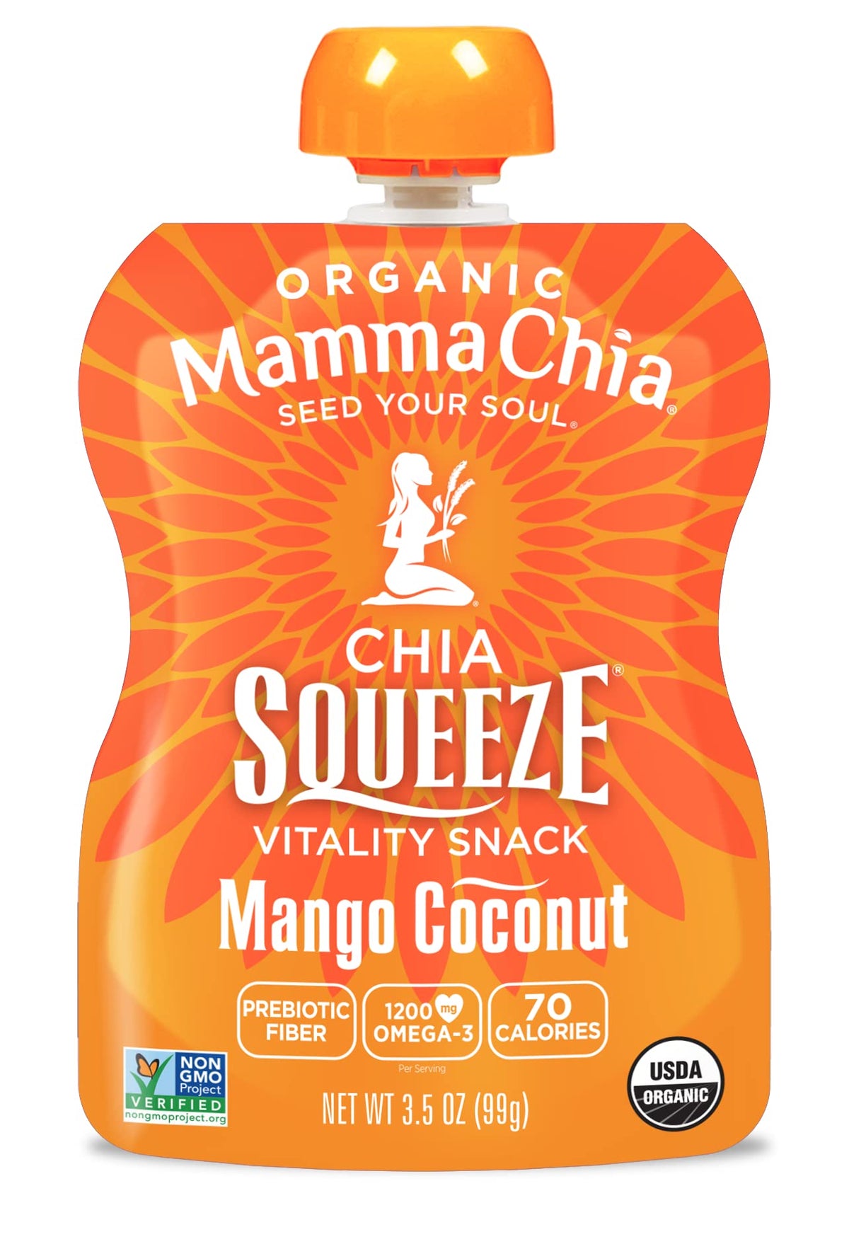 Mamma Chia Vitality Squeeze Mango Coconut on-the-go pouch in a lunchbox setting.
