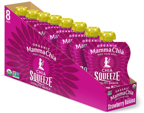 Mammachia Chia Squeeze front label shows strawberry banana flavor with organic certification.