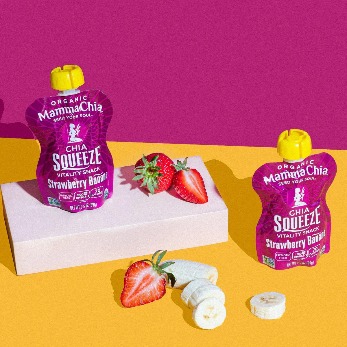 Mammachia Chia Squeeze 16-pack display shows convenient stocking for families.