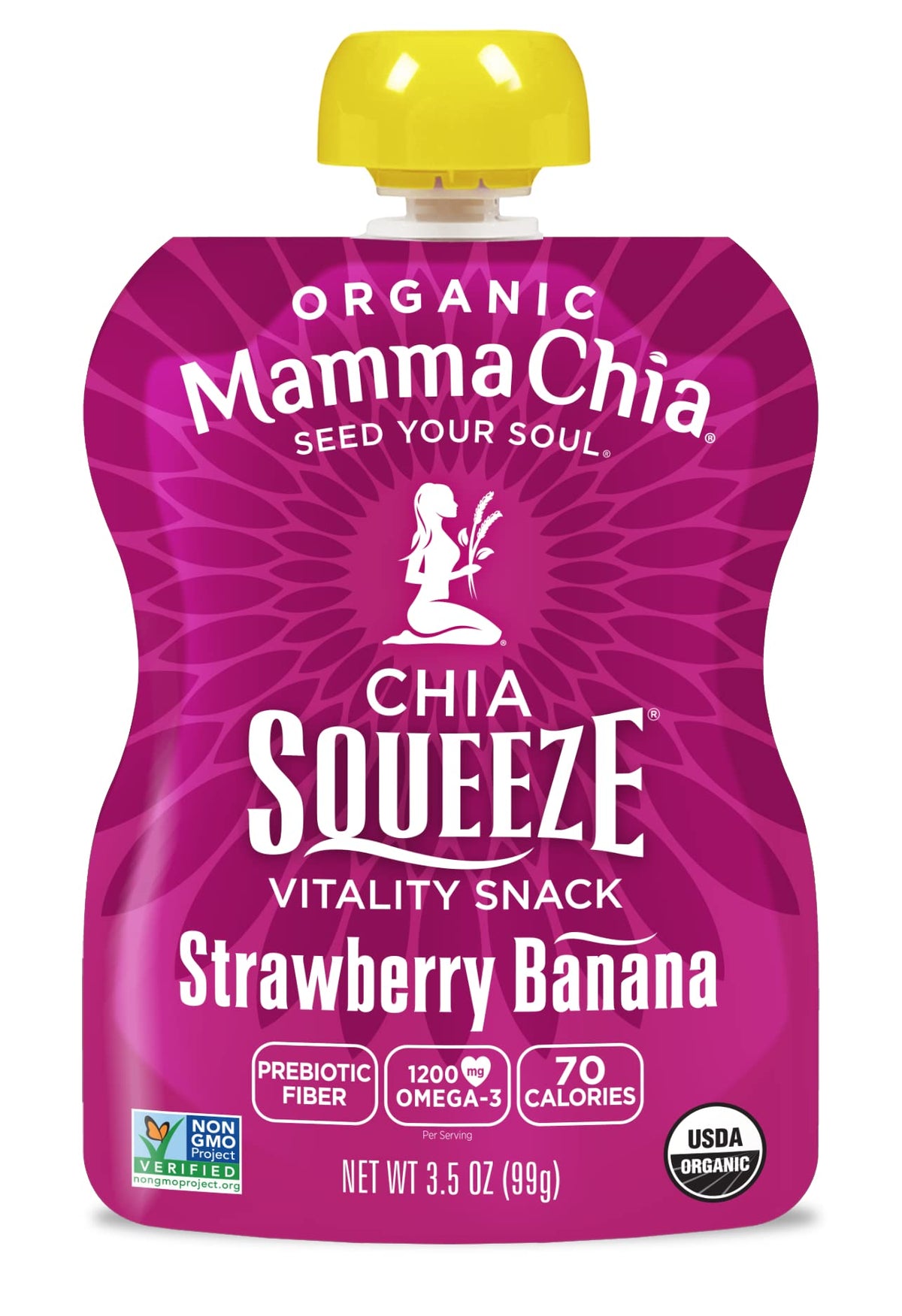 Mammachia Chia Squeeze texture close-up reveals chia seeds in a smooth fruit puree for on-the-go texture.