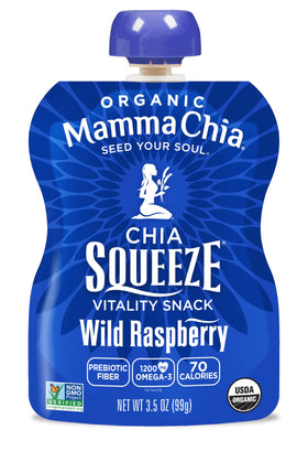 Mamma Chia Chia Squeeze Wild Raspberry label close-up highlights USDA Organic status