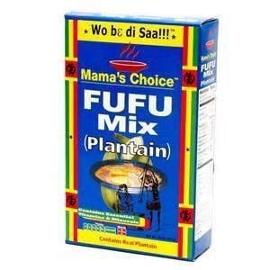Mama's Choice Plantain Fufu 2-pack packshot highlighting gluten-free, vitamin-fortified mix for family meals.