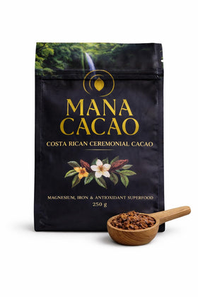 Mana Cacao ceremonial cacao paste in a glass jar for pure flavor and energy.